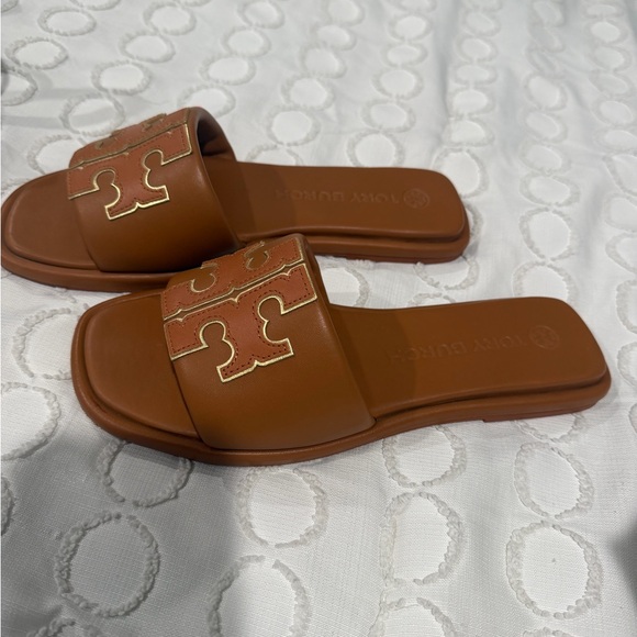 Tory Burch Brown Slide Sandals with Gold Logo Accent - Picture 2 of 3